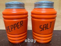 Vintage Hazel Atlas Fired On ORANGE Shaker Salt & Pepper Set Glass Range Beehive