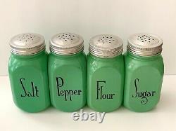 Vintage Hocking Fired-on Green Salt Pepper Flour Sugar Shakers Range Set