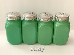 Vintage Hocking Fired-on Green Salt Pepper Flour Sugar Shakers Range Set
