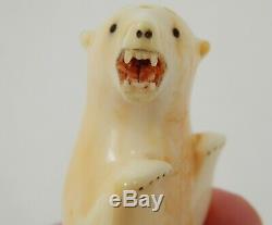 Vintage Inuit Eskimo Carved Polar Bear Salt & Pepper Shakers Bovine Bone