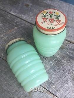 Vintage Jadeite Anchor Hocking Fire King Salt and Pepper Shakers with Tulip Tops