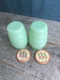 Vintage Jadeite Anchor Hocking Fire King Salt and Pepper Shakers with Tulip Tops