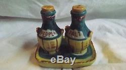 Vintage Japan Porcleain Wine Bottles On Stand Salt & Pepper Shakers