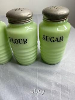 Vintage Jeanette Beehive Jadeite Salt Pepper Sugar Flour Stovetop Shaker Lids