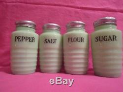 Vintage Jeannette Beehive Jadite 4 Pc. Set Shakers Salt, Pepper, Flour, Sugar