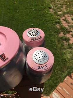 Vintage Kromex Canister Set PINK Lids Metal With Salt And Pepper Shakers
