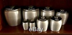 Vintage Kromex Spun Aluminum 6 Canister Set Bonus Salt Pepper Shakers Black Lids