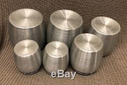 Vintage Kromex Spun Aluminum 6 Canister Set Bonus Salt Pepper Shakers Black Lids