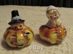Vintage Lefton Salt & Pepper Shakers Halloween Thanksgiving Pilgrims in Pumpkins