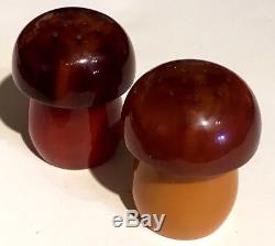 Vintage Marbled Red & Butterscotch Bakelite Mushroom Salt & Pepper Shakers