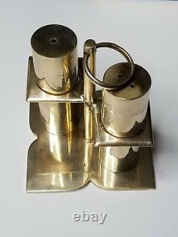 Vintage Marine Galley Brass Salt & Pepper Shaker Set /Hanging Stand And Box