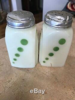 Vintage McKee Roman Arch Green Dot Milk Glass Salt & Pepper Shakers