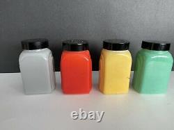 Vintage McKee Roman Arch Milk Glass Set 4 Colors Shakers-Salt, Pepper, Flour, Sugar
