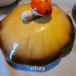 Vintage Merry Mushroom Ceramic Canister withSalt and Pepper Shakers/Napkin Holder