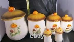 Vintage Merry Mushroom Set of 4 Canisters Salt/ Pepper Shakers And Napkin Holder