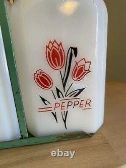 Vintage Milk Glass Range Shakers Salt And Pepper Red And Black Tulips withHolder