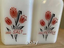 Vintage Milk Glass Range Shakers Salt And Pepper Red And Black Tulips withHolder