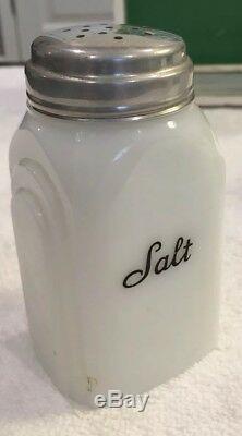 Vintage Milk Glass set of 4 Salt, Pepper, Flour, Sugar with wooden holder. Orig