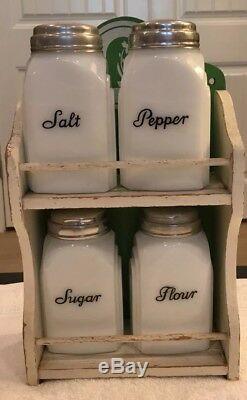 Vintage Milk Glass set of 4 Salt, Pepper, Flour, Sugar with wooden holder. Orig