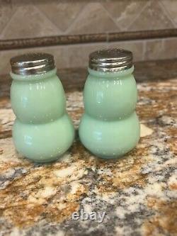 Vintage Mosser, 3-Piece Jadeite Green Milk Glass Salt & Pepper Shaker Set withTray
