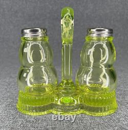 Vintage Mosser Glass Vaseline Salt and Pepper Shakers with Caddy/Tray