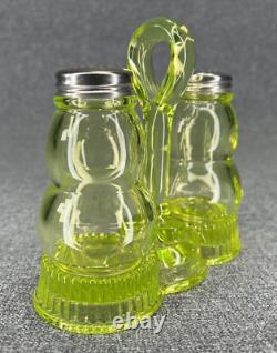 Vintage Mosser Glass Vaseline Salt and Pepper Shakers with Caddy/Tray