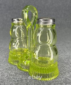 Vintage Mosser Glass Vaseline Salt and Pepper Shakers with Caddy/Tray