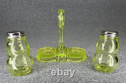 Vintage Mosser Glass Vaseline Salt and Pepper Shakers with Caddy/Tray