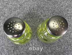 Vintage Mosser Glass Vaseline Salt and Pepper Shakers with Caddy/Tray