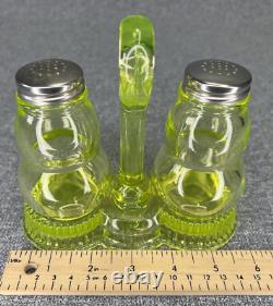 Vintage Mosser Glass Vaseline Salt and Pepper Shakers with Caddy/Tray