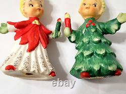 Vintage Norcrest Poinsettia Girl Christmas Tree Boy Salt & Pepper Shakers Japan