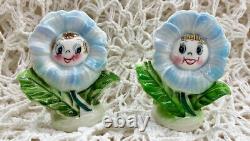 Vintage PY Blue Flower Face Anthropomorphic Salt and Pepper Shakers Japan