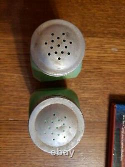 Vintage Pair Anchor Hocking Fired on Green Salt & Pepper Shakers Nice! RARE