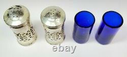 Vintage Pair of Sterling Silver Cobalt Blue Glass Salt & Pepper Shakers Shaker