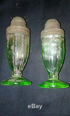 Vintage Pair of Vaseline Glass Salt & Pepper Shakers Rare Depression with tops