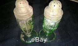 Vintage Pair of Vaseline Glass Salt & Pepper Shakers Rare Depression with tops