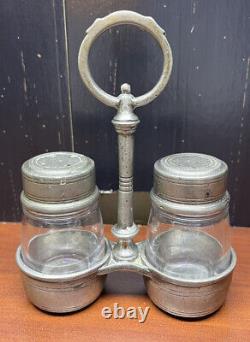 Vintage Pewter Glass Salt & Pepper Shakers with Caddy