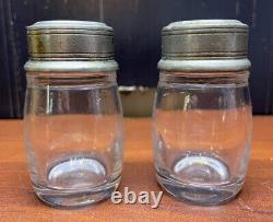 Vintage Pewter Glass Salt & Pepper Shakers with Caddy