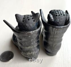 Vintage Pug Dog & Cat Puss In Boots salt and pepper shakers Pewter Glass Eyes