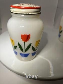 Vintage RARE Vintage Fire King Glass TULIP Salt & Pepper Shakers withGrease Jar