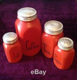 Vintage Red Fire King Coffee Tea Salt Pepper Glass Jar Set