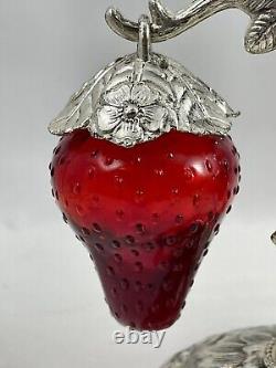 Vintage Red Glass Hanging Strawberry Salt & Pepper Shakers Metal Stand and Tops