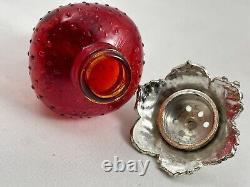 Vintage Red Glass Hanging Strawberry Salt & Pepper Shakers Metal Stand and Tops