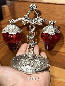 Vintage Ruby Red Glass Strawberry Hanging Salt and Pepper Shakers Japan EUC