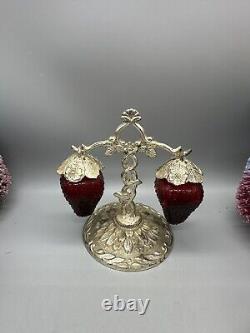 Vintage Ruby Red Strawberry Glass Salt and Pepper Shaker Set Silver Stand Japan