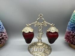 Vintage Ruby Red Strawberry Glass Salt and Pepper Shaker Set Silver Stand Japan