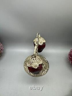 Vintage Ruby Red Strawberry Glass Salt and Pepper Shaker Set Silver Stand Japan