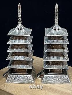 Vintage Sterling 950 Silver Asian Pagodas 3 1/8 Salt & Pepper Shakers with Box