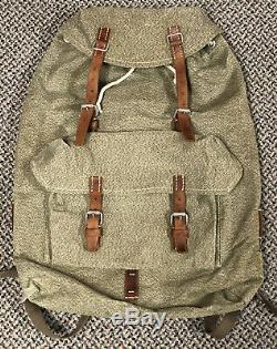 Vintage Swiss Army Military Backpack Salt & Pepper Leather Canvas Rucksack Bag
