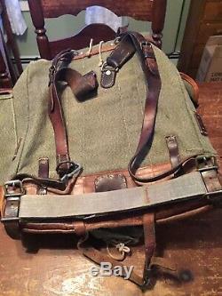 Vintage Swiss Army Military Rucksack Salt and Pepper Leather Canvas Rifle Holder